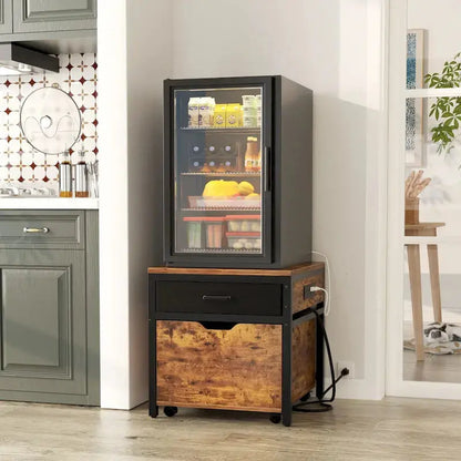 Compact Fridge Stand with Built-in Charging Station, Storage Drawers, and Mobile Cabinet Design