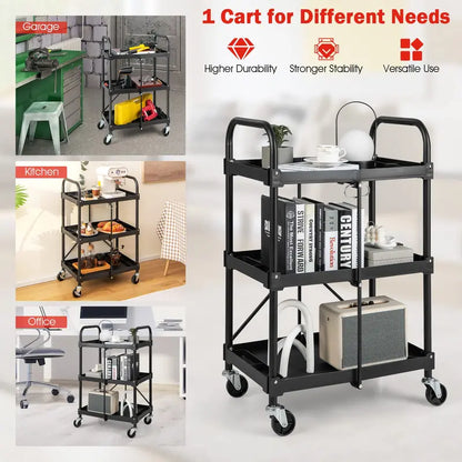 Three-Tier Rolling Utility Cart  Industrial-Strength Folding Tool Trolley with 330 LB Capacity