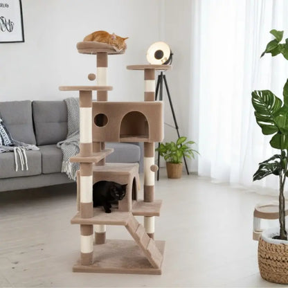 54-Inch Vertical Cat Tree Featuring Perches, Scratching Posts, and Access Ramp