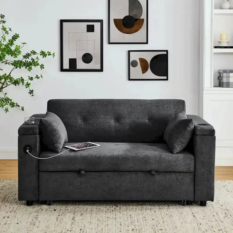 54-Inch Pull-Out Sleeper Sofa Bed  2-Seat Recliner with Storage, Lumbar Support & USB Port