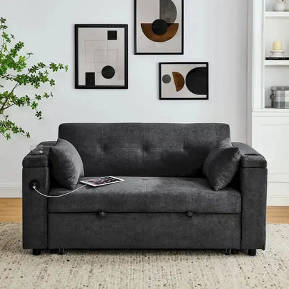 54-Inch Pull-Out Sleeper Sofa Bed  2-Seat Recliner with Storage, Lumbar Support & USB Port