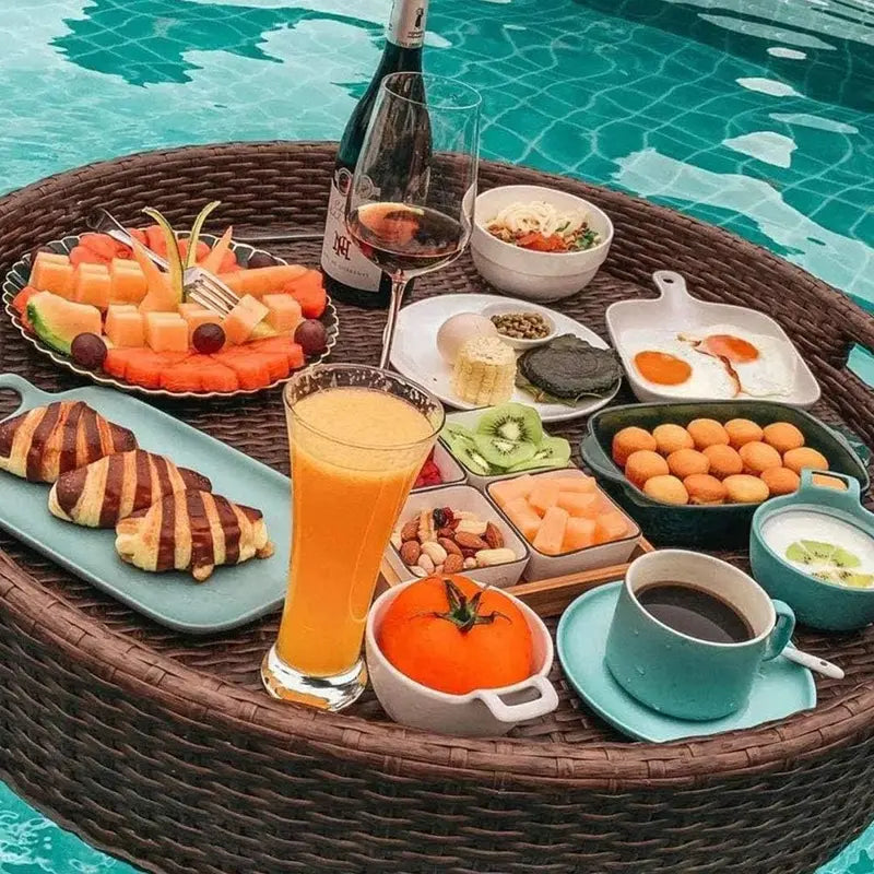 Handmade Rattan Serving Tray with Handles  Floating Breakfast Tray for Pool, Spa, Parties & Photography