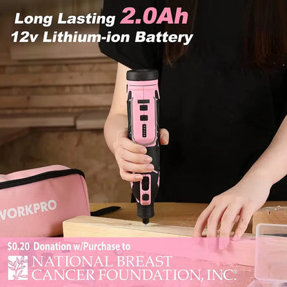 WORKPRO 12V Cordless Rotary Tool Kit  5-Speed Adjustable Mini Grinder with 114 Accessories and Pink Ribbon Packaging