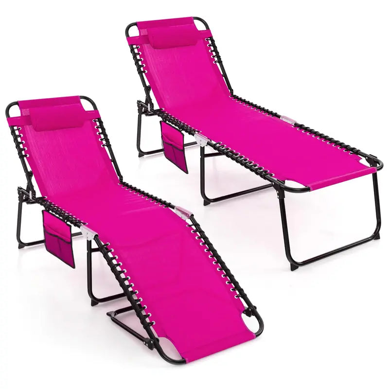 Adjustable Patio Chaise Lounge  Folding Recliner Chair with 4-Position Backrest, Side Pocket & Removable Headrest