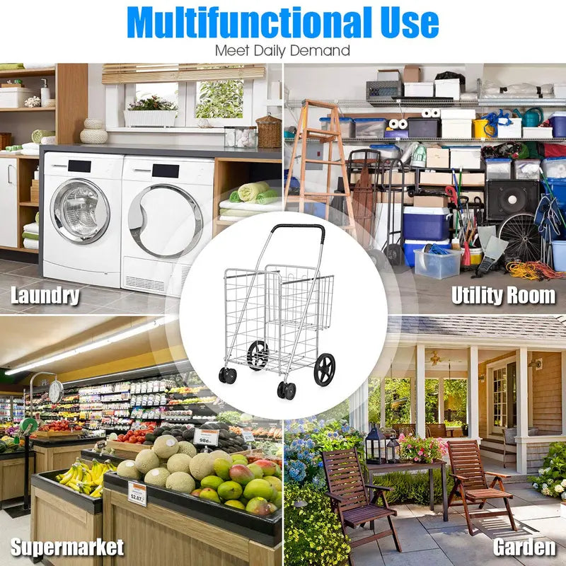 Jumbo Capacity Folding Shopping Cart  Multi-Use Carrier for Groceries, Luggage & More