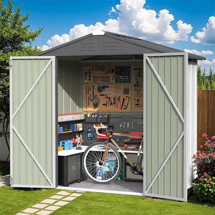 Greesum 6x4ft Lockable Patio Storage Shed  Galvanized Steel Garden Utility Shed