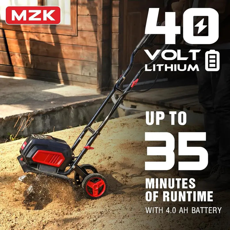 MZK 40V Cordless 12-Inch Garden Tiller — Dual 4.0Ah Battery-Powered Cultivator