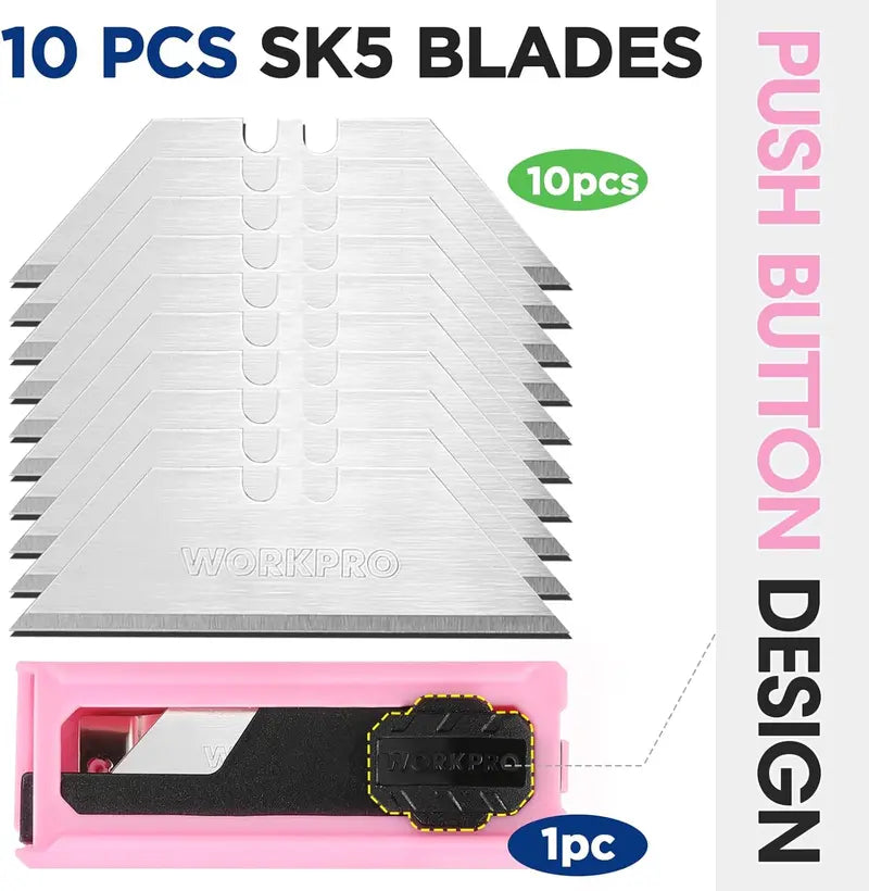 WORKPRO Folding Utility Knife — Includes 10 Replacement Blades, Pink Ribbon Design