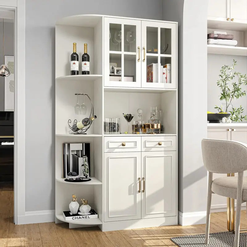 71″ Tall Kitchen Hutch Cabinet  Glass-Front Pantry Storage Unit with Open Shelving & Display Space