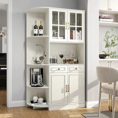 71″ Tall Kitchen Hutch Cabinet  Glass-Front Pantry Storage Unit with Open Shelving & Display Space