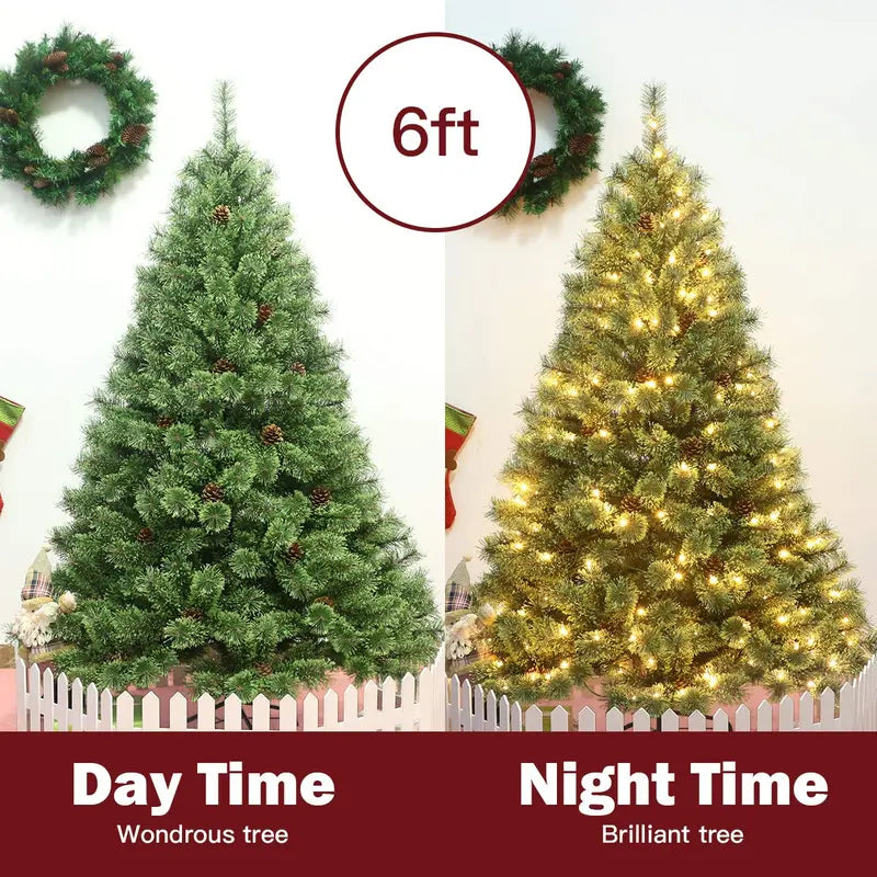 6-Foot Pre-Lit Flowering Christmas Tree  Hinged Artificial Pine with Built-In Lights