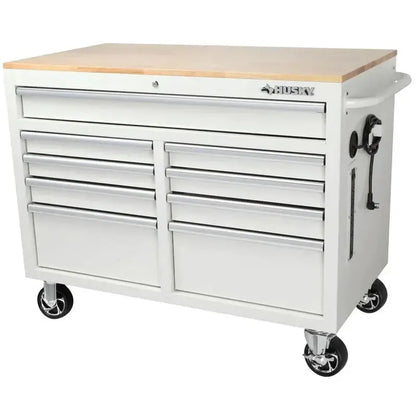Mobile Workbench with 9 Drawers  Hardwood Work Surface, Integrated Power Outlet, High-Gloss Black Finish (117 x 62 cm)
