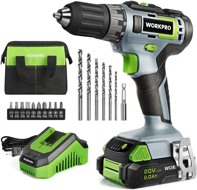 WORKPRO 20V Drill Driver Bundle: 2.0Ah Battery, 1-Hour Fast Charger & 11″ Green Tool Storage Bag