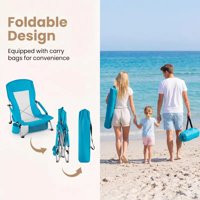 Set of Two Lightweight Folding Beach Chairs  Low-Profile Portable Camp Seating for Adults