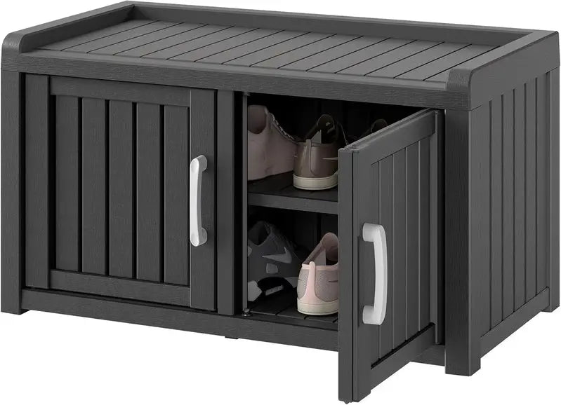 Kamaboko Waterproof Shoe Storage Cabinet  UV-Resistant Outdoor/Indoor Entryway Bench with Dual Barn Doors