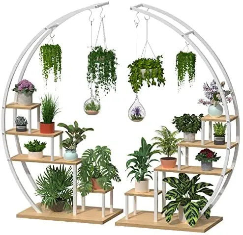 Modern Half-Moon Metal Plant Stand Set  2-Piece Ladder-Style Flower Pot Rack for Indoor or Outdoor Use