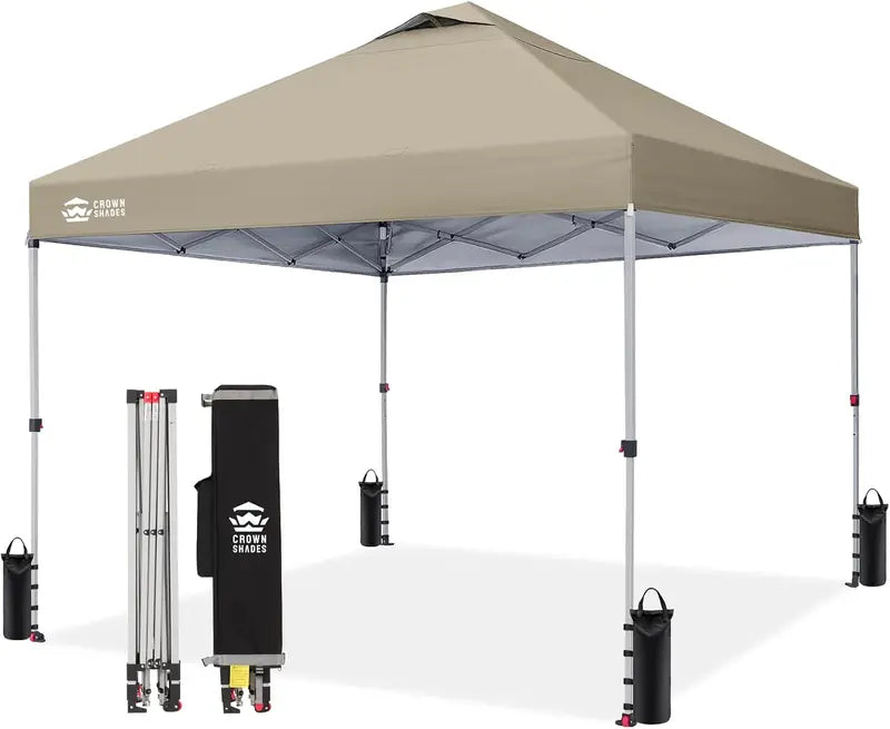 CROWN SHADES 10′ x 10′ Beach Canopy Tent: One-Push Deployment, Silver-Coated UV-Reflective Top, Three-Height Adjustment, and Sandbag Stability System
