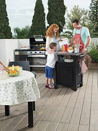 Keter Unity Stainless Steel Outdoor Table & Storage Cabinet  Dark Grey Patio Kitchen Island with Grill Accessory Hooks