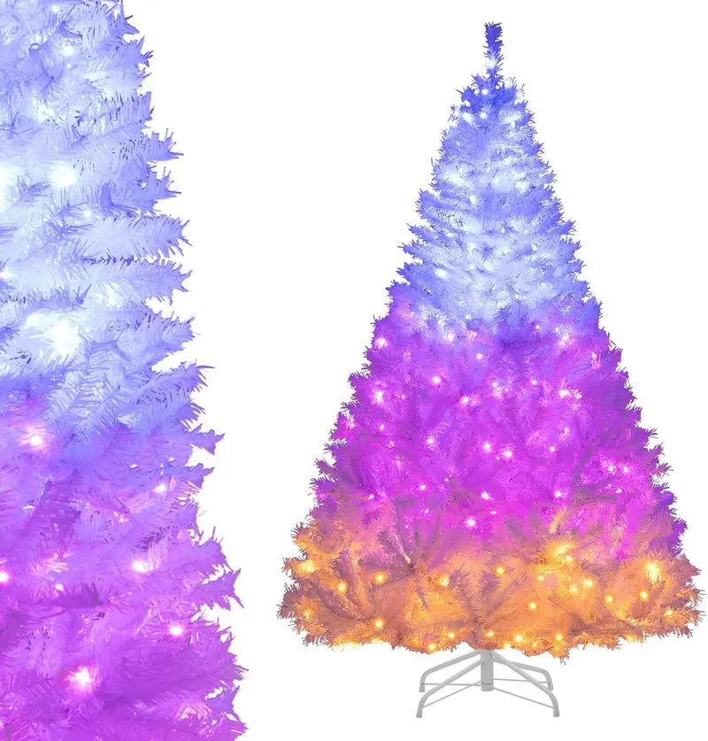 White Pre-Lit Christmas Tree  Dual-Mode Lighting: Warm White + RGB Color-Changing LEDs
