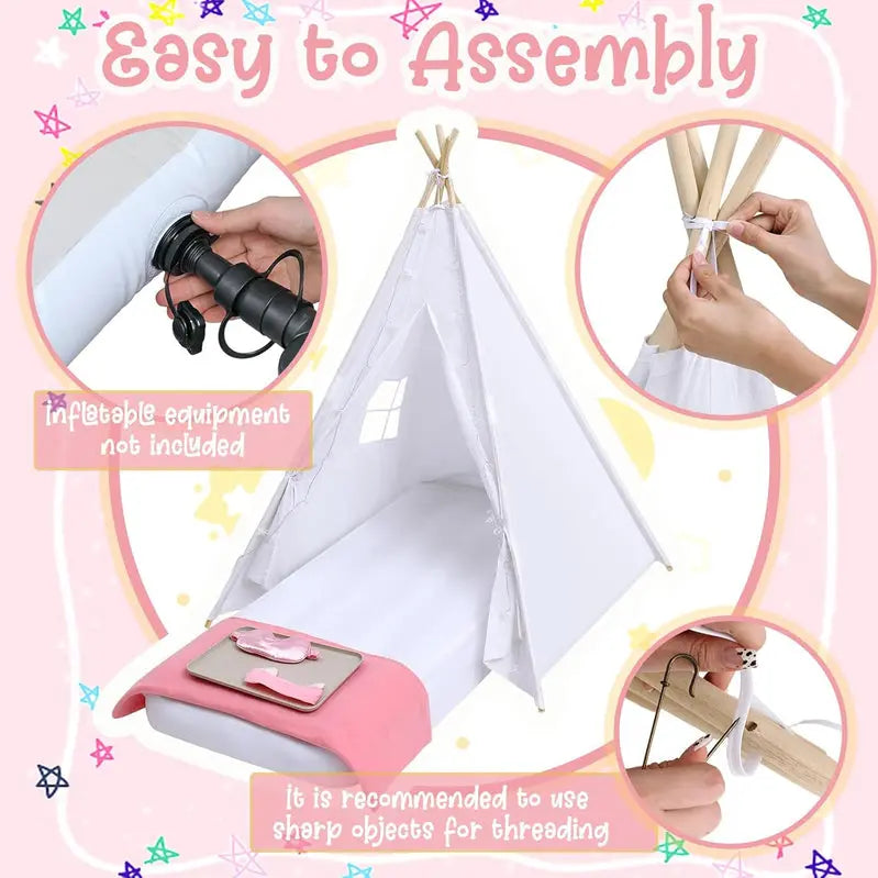 Windyun 8-Piece Kids Teepee Tent Set  Portable White Play Tent for Sleepovers, Parties & Indoor Camping
