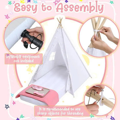 Windyun 8-Piece Kids Teepee Tent Set  Portable White Play Tent for Sleepovers, Parties & Indoor Camping