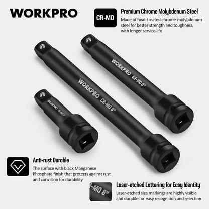 WORKPRO 3-Piece Heavy-Duty Impact Extension Bar Set: 3″, 6″, and 8″ (1/2″ Drive)