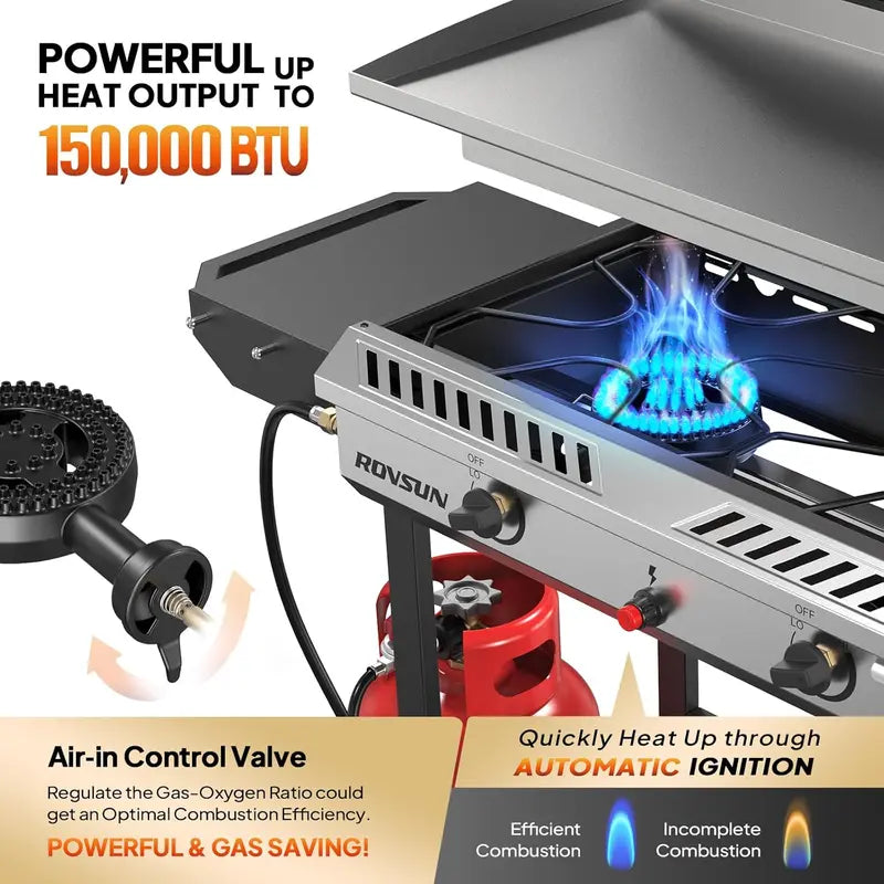 150,000 BTU Outdoor Propane Stove  2-Burner with Griddle, Auto-Ignition, Side Shelves & Regulator for Camping, Brewing & Grilling