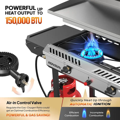150,000 BTU Outdoor Propane Stove  2-Burner with Griddle, Auto-Ignition, Side Shelves & Regulator for Camping, Brewing & Grilling