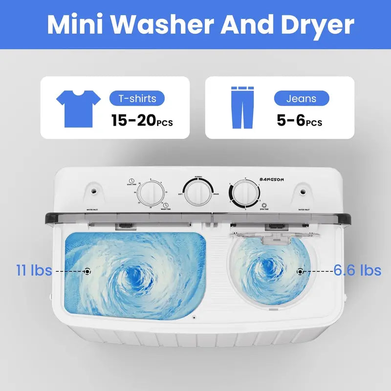 BANGSON Mini Twin Tub Washer-Dryer Combo  17.6 lb Total Capacity, Space-Efficient Laundry Unit