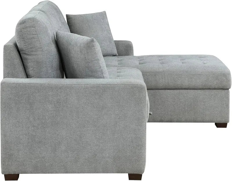 Modern L-Shaped Sleeper Sectional Sofa with Right-Side Storage Chaise and Pull-Out Bed  Gray Fabric