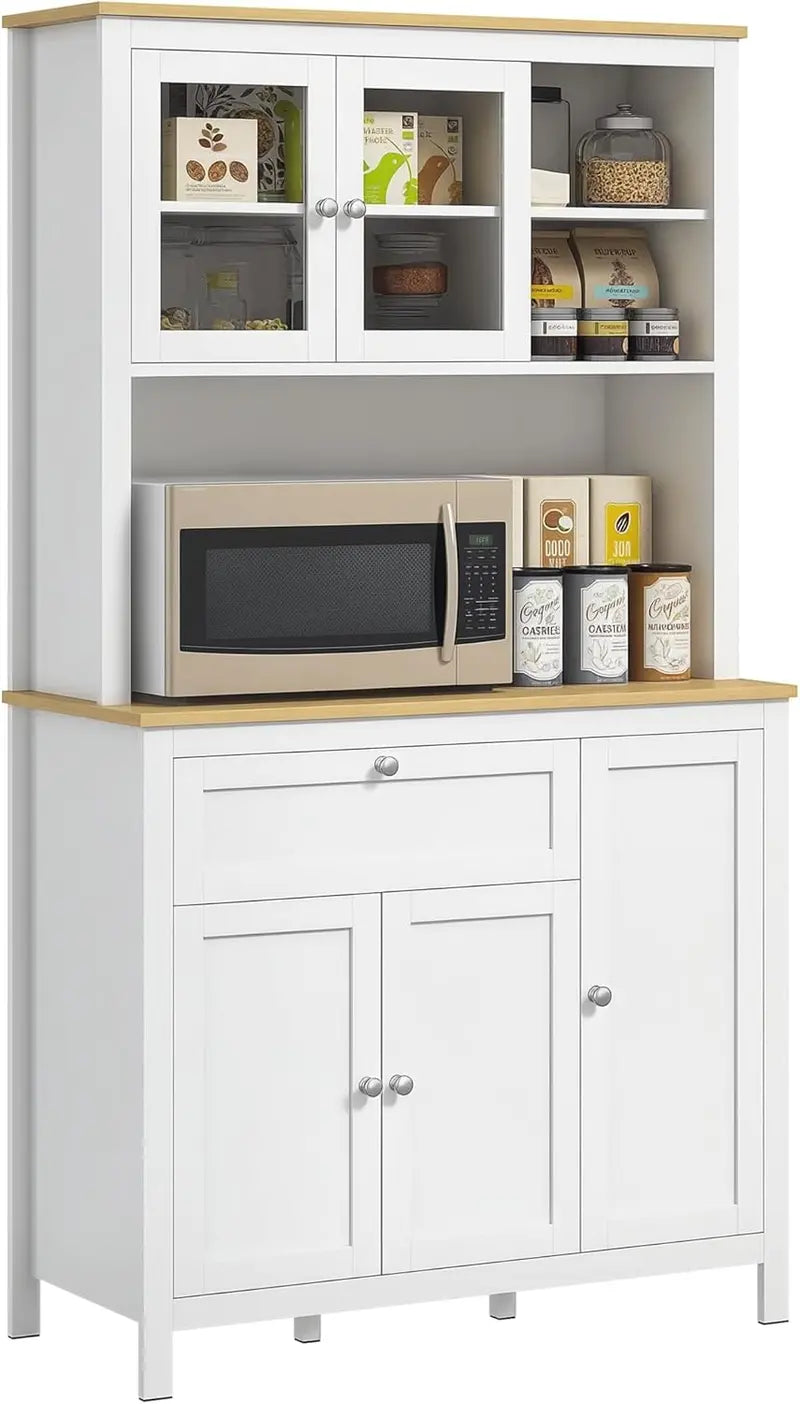 71-Inch Grey Freestanding Pantry Cabinet — Wide Buffet with Countertop, 5 Doors, Drawer, Glass Panel & Cable Management