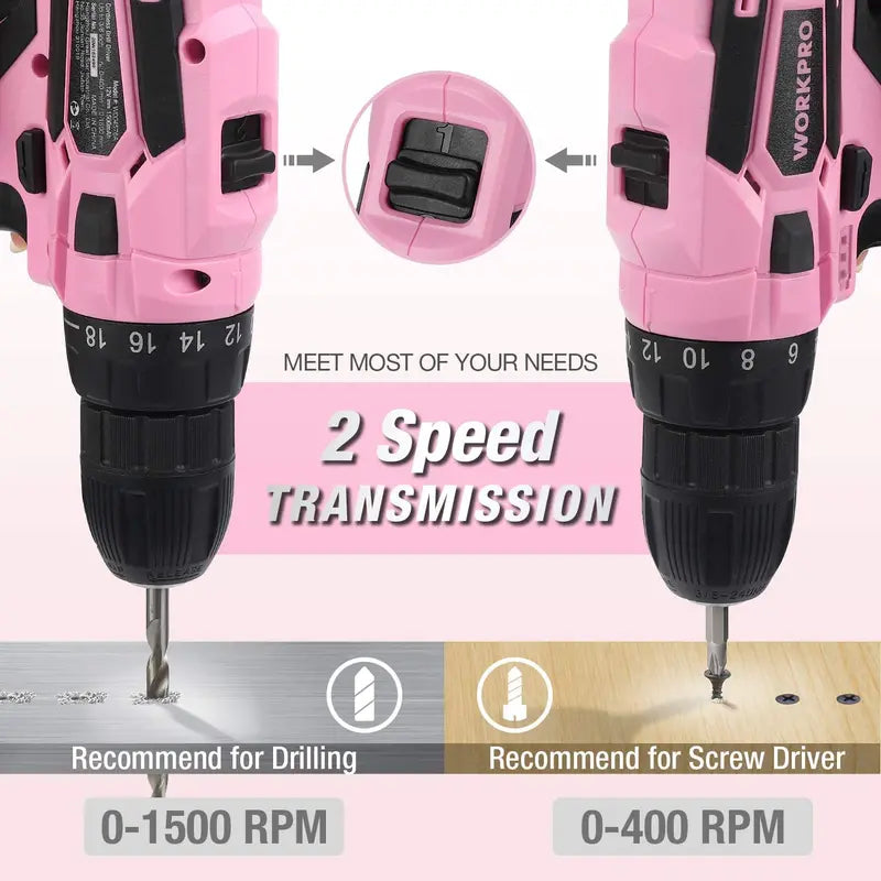 WORKPRO 12V Cordless Drill Kit with 14-Inch Pink Ribbon Tool Bag
