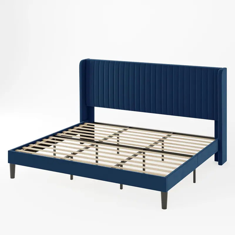 Allewie Full Size Velvet Wingback Bed  Channel-Tufted Upholstered Frame with Vertical Headboard