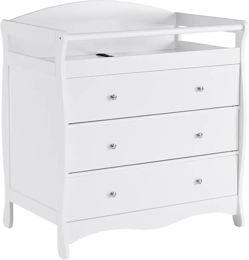 White Baby Changing Dresser with 3 Drawers, Safety Rail & Diaper Station for Nursery or Bedroom
