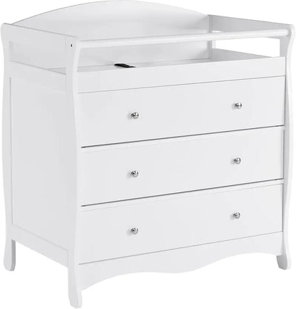 White Baby Changing Dresser with 3 Drawers, Safety Rail & Diaper Station for Nursery or Bedroom