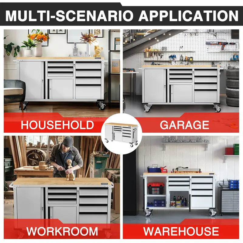 WORKPRO Heavy-Duty Rolling Tool Cabinet — 7-Drawer, 2-Door, 1000 lb Capacity with Locking System & Power Strip