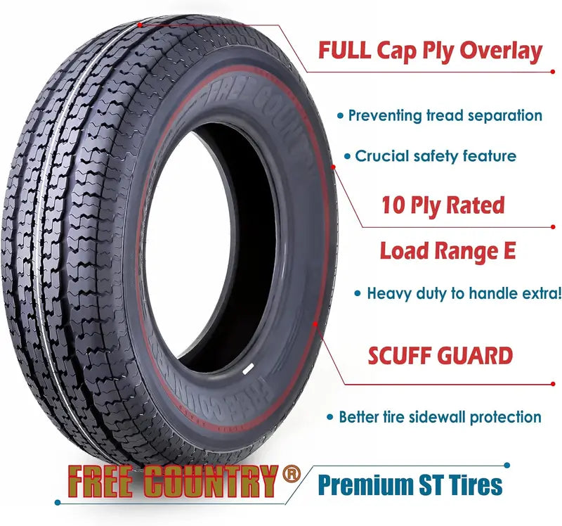 Heavy-Duty Trailer Tire Set  4× ST205/75R15, 10-Ply Load Range E, Steel-Belted Radial with Scuff Guard Protection