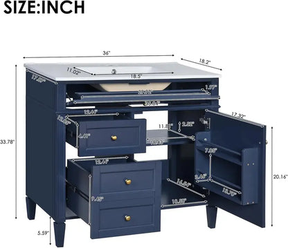 Modern 36-Inch Freestanding Bathroom Vanity  Single Undermount Sink, Soft-Close Drawers, Tip-Out Shelf, Solid Wood Frame