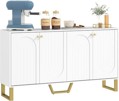 HOMCOM White Modern Sideboard Cabinet  4-Door Storage Unit with Adjustable Shelves and 65″ TV Stand Capability
