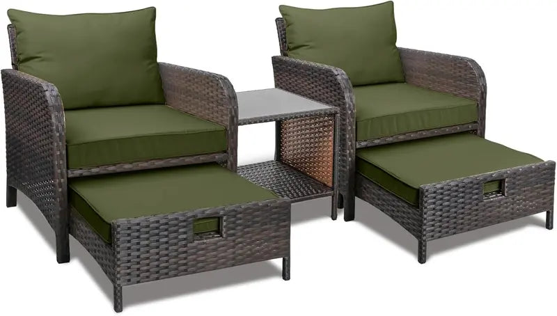LEVELEVE 5-Piece Brown PE Wicker Patio Conversation Set with Cushioned Chairs and Tempered Glass Table