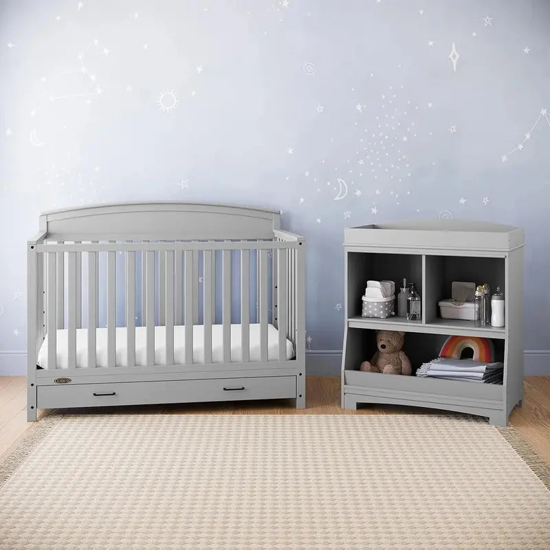 Convertible 5-in-1 Baby Bed in White  GreenGuard Gold Certified with Built-In Storage, Adapts to Toddler, Day & Full-Size Beds