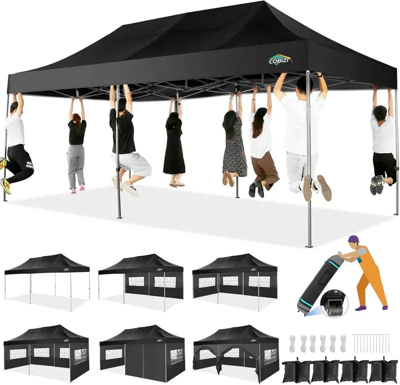 COBIZI Heavy-Duty 10×20 FT Pop-Up Canopy Tent  6 Wind-Resistant Sidewalls, Black Frame, Roller Bag