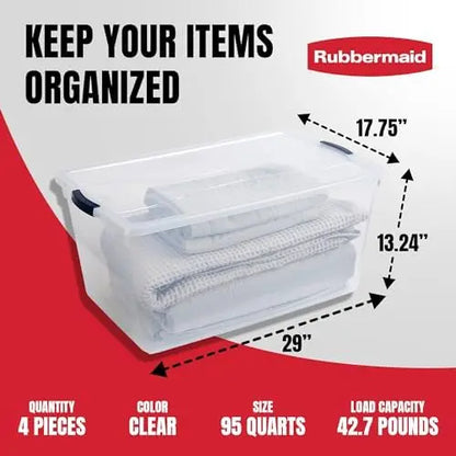 Rubbermaid CleverStore 95 Qt Clear Storage Bins  4-Pack, Stackable, BPA-Free, See-Through Latching Lids, Made in USA