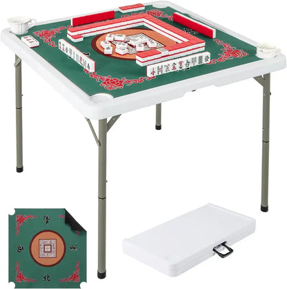 Mahjong-Friendly Folding Card Table — 35-Inch Square HDPE Surface with Cup Holders & Mat