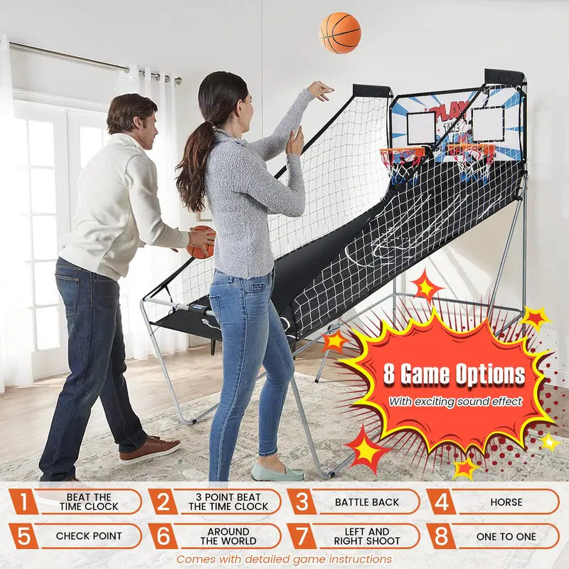 Dual-Shot Foldable Basketball Arcade Game  Indoor/Outdoor Electronic Hoop Machine with Dual Play Mode