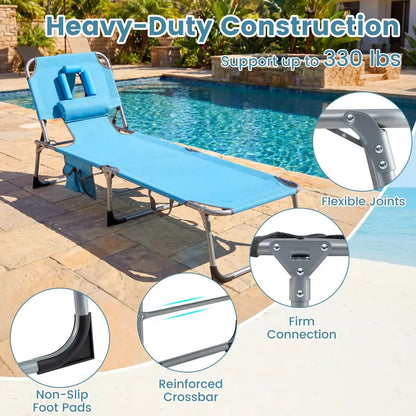 Adjustable Beach Lounge Chair  Folding Sun Lounger with 4-Position Reclining Backrest