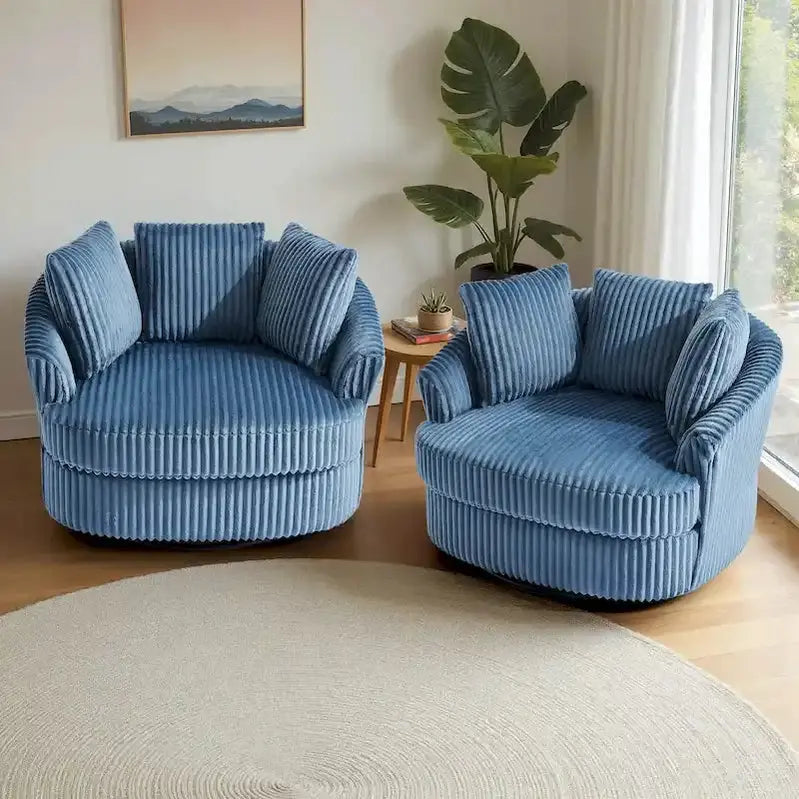 Set of Two Plush Corduroy Swivel Barrel Chairs  43¡å Wide with Decorative Pillows