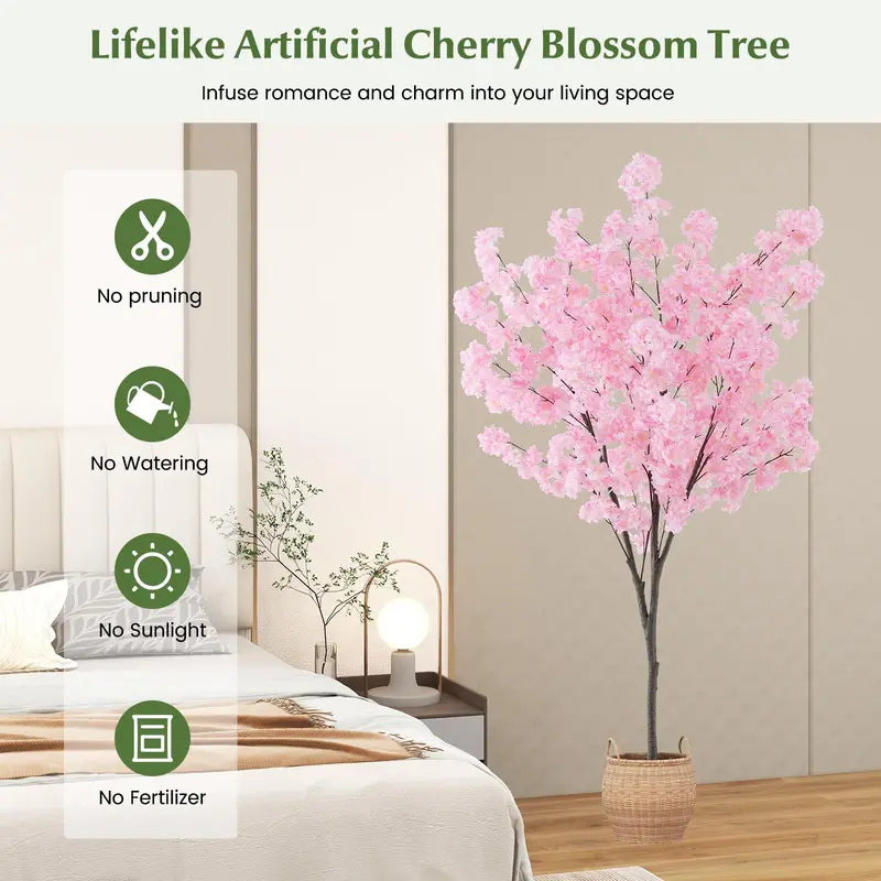 6.5-Foot Artificial Cherry Blossom Tree  Pink Blooming Faux Plant in Cement Planter