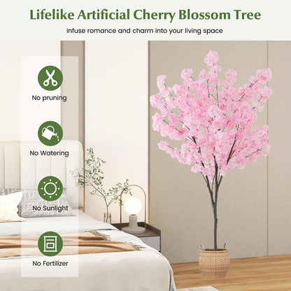 6.5-Foot Artificial Cherry Blossom Tree  Pink Blooming Faux Plant in Cement Planter