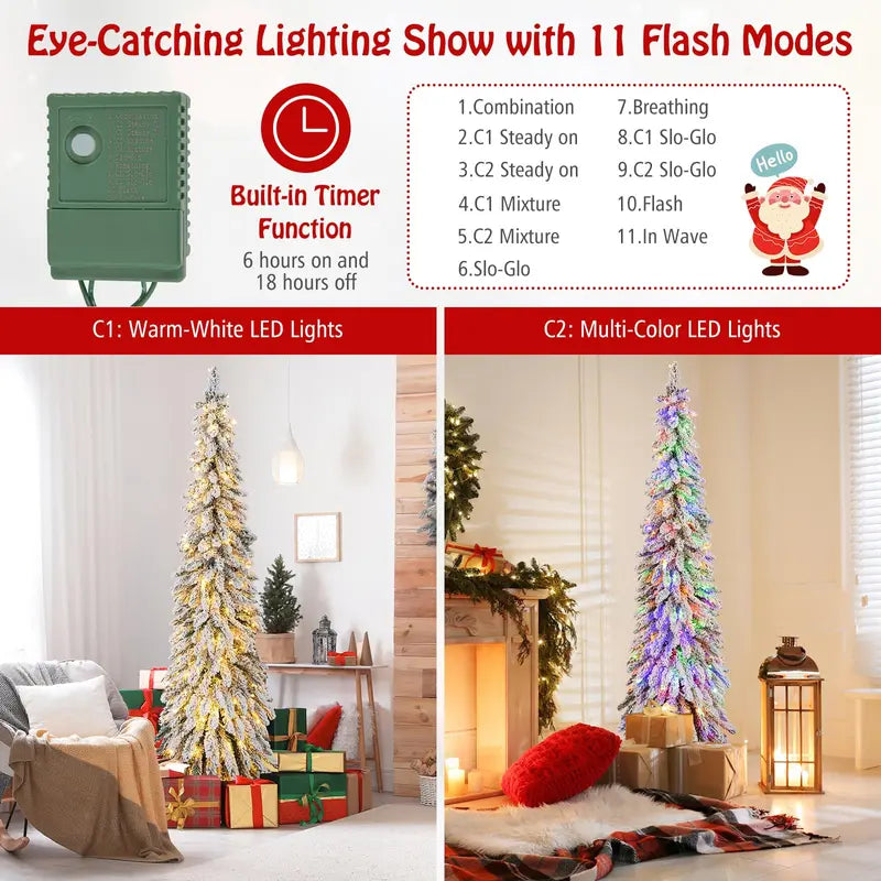 6-Foot Pre-Lit Flocked Pencil Christmas Tree with 250 Warm LED Lights